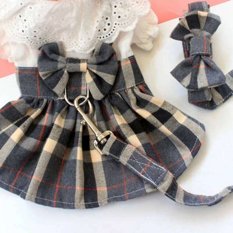 Lattice Summer Dogs and Leash Set Bowknot Teddy Bichon Dog Harness Vest Spring Cat Dress Chihuahua Pet Clothing C260126