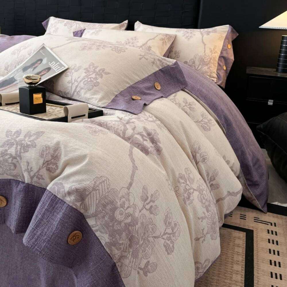 Plant Print Bedding Button Four Piece Set A-Class Linen Thicken Duvet Cover Bed Sheet Pillowcases Bedroom Decor Home Textile Y260124