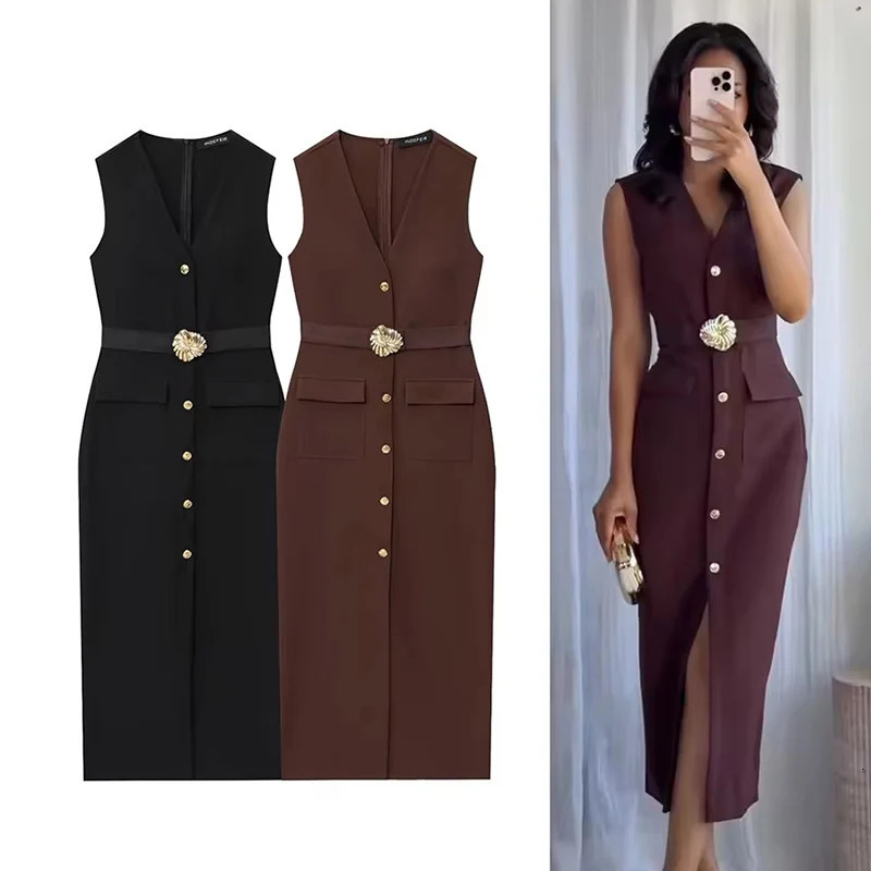 Black Elegant Party Midi Dresses 2025 Womens Summer Sleeveless Long Fashion Casual Vintage Evening Dress 260120