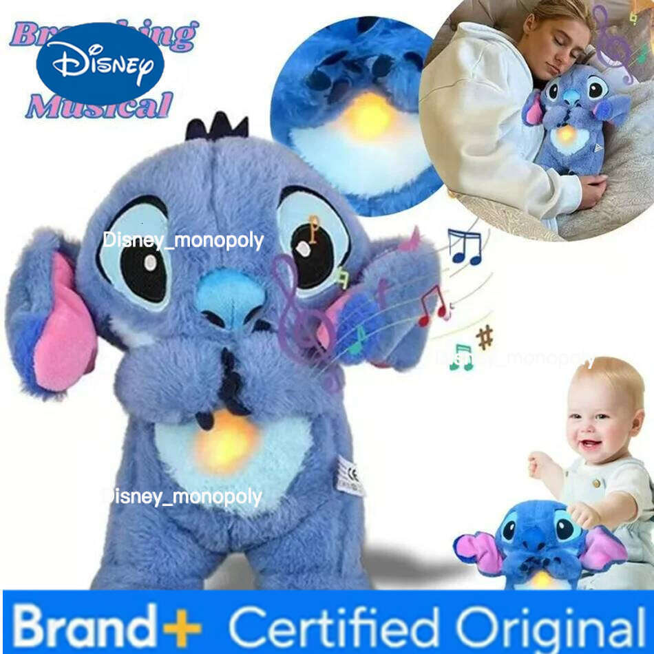 Disney Hot Stitch Baby Sleeping Companion Sound Soothing Musical Plush Toy With Air Bag And Light Doll Breathing Gifts Kawaii Toys H260126