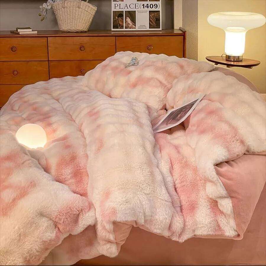 Queen Size Pink Fluffy Plush Shaggy Winter Reversible Duvet Cover Set with Bed Sheet and Pillow Cases Super Soft Thick Comforte Y260124