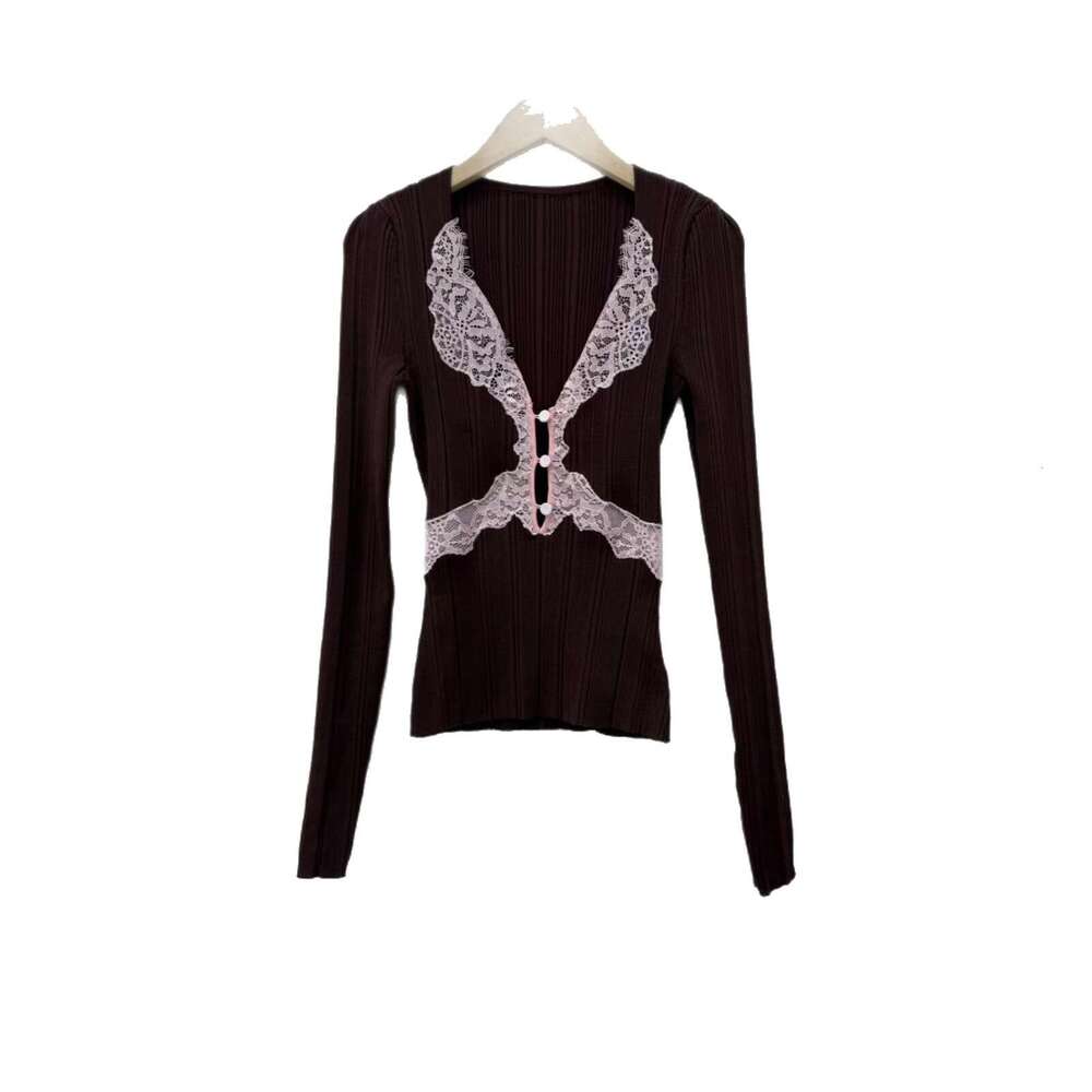 2026 French elegant designer niche autumn and winter elegant V-neck lace hollow knit shirt top
