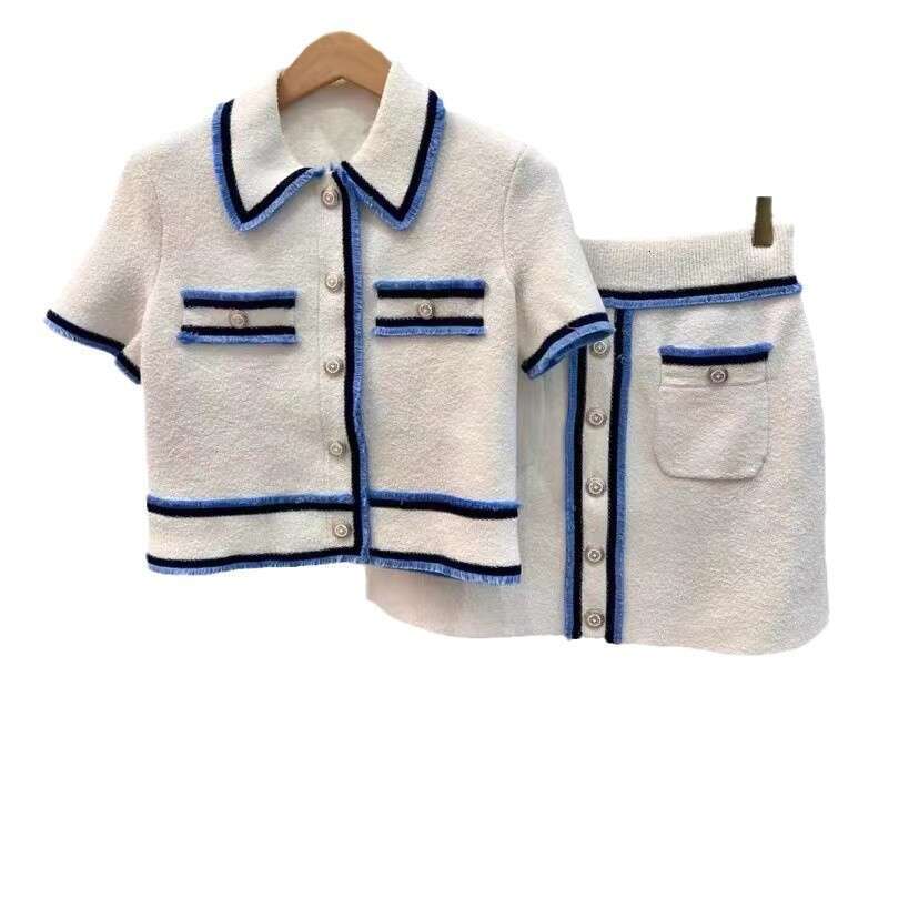 2026 Spring New Designer Navy Blue Style Color blocked Tassel Short sleeved Top Women's Knitted Skirt