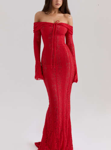 2026 designer autumn off shoulder flared sleeves slim fit elegant temperament strapless waist cinched long skirt