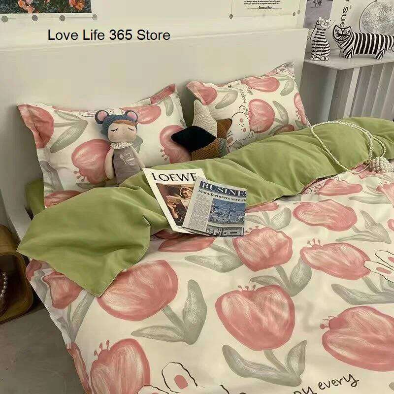 INS Pink Solid Color Bedding Set Girls Boys Single Double Size Flat Sheet Duvet Cover Pillowcase Bed Linens Home Textile Y260124