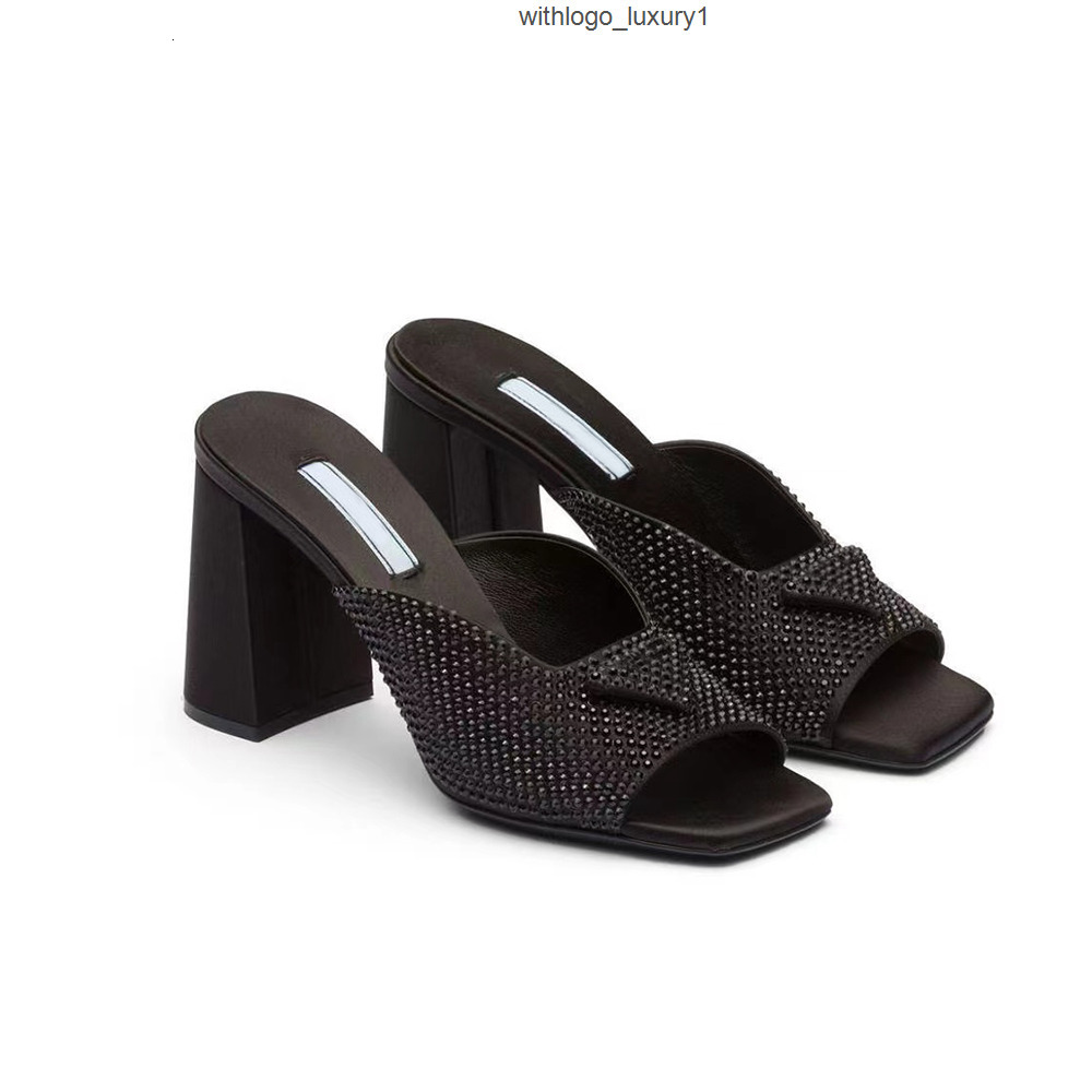 crystal slippers mules womens slides high heels sandals rhinestone real silk95mm chunky block slip on open toe luxury designe prada pradacup pradas pradaprada N6IX