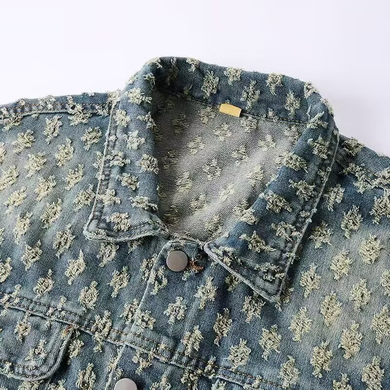 Luxury Brand Designer Clothes Korean Retro Washed Vintage Jacquard Denim Jacket For Men With Floral Design, Loose Casual Versatile Cool Top