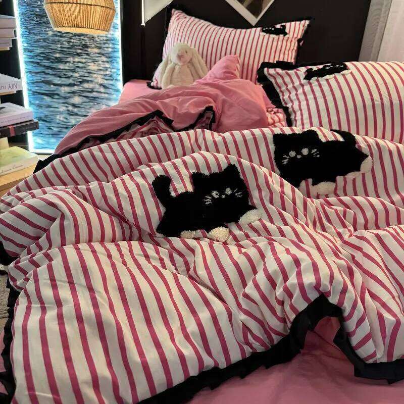 For Korean Style Bedding Green Strip Black Cat Embroidery Washed Cotton Duvet Cover Cute Cardboard Bed linen Comforter Set Y260124