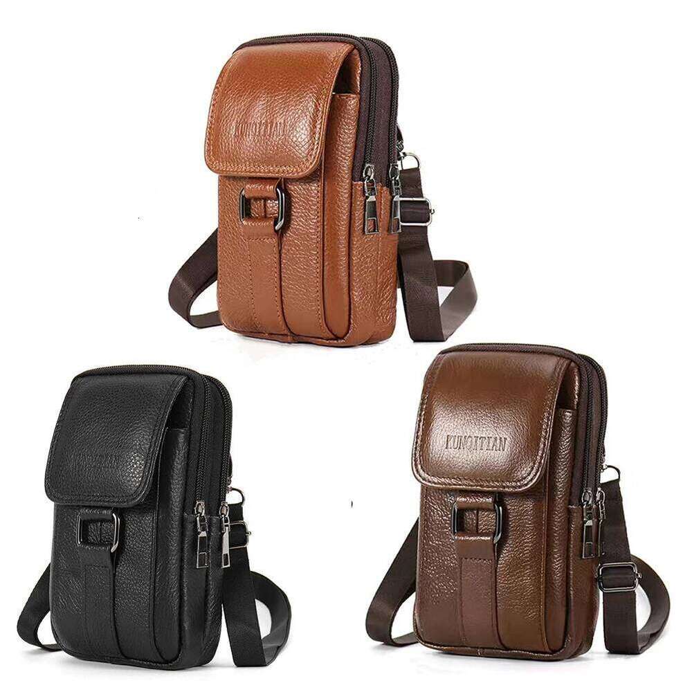 Portable Men Messenger Bags Cowhide Leather Belt Pouch Purse Fashion Simple Multi-pockets Casual for Outdoor Sport XJ260125