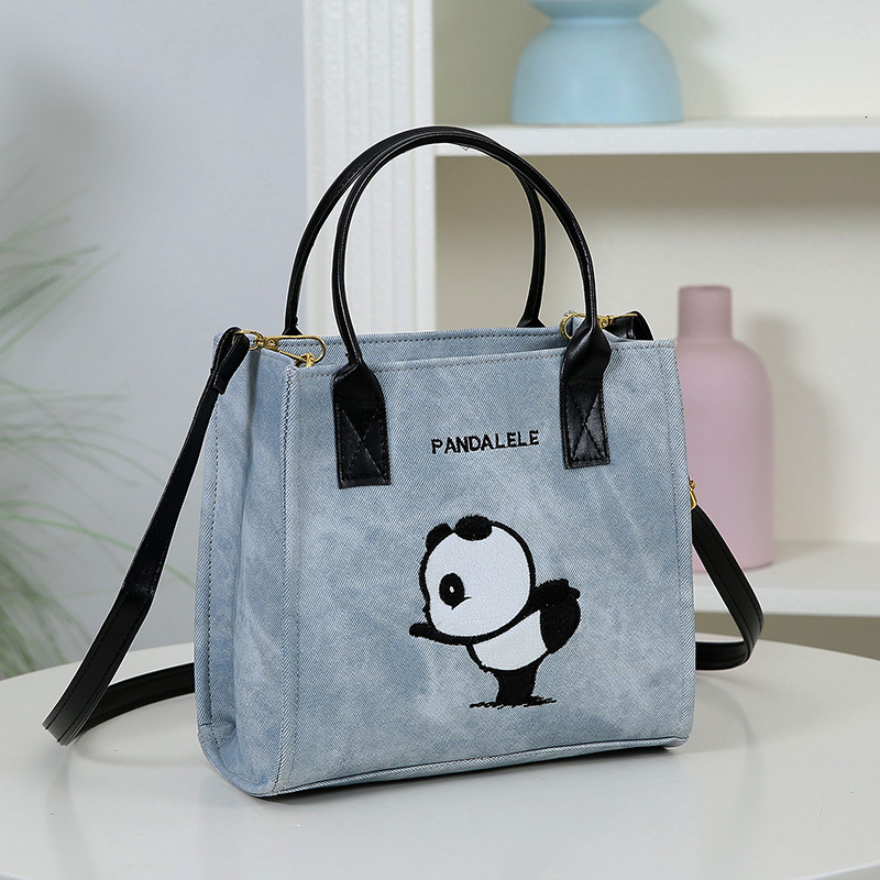 Cute Panda Embroidered Handheld Tote PU Leather Fashion Cartoon Shoulder Simple Versatile Commuter Crossbody Women's Bag