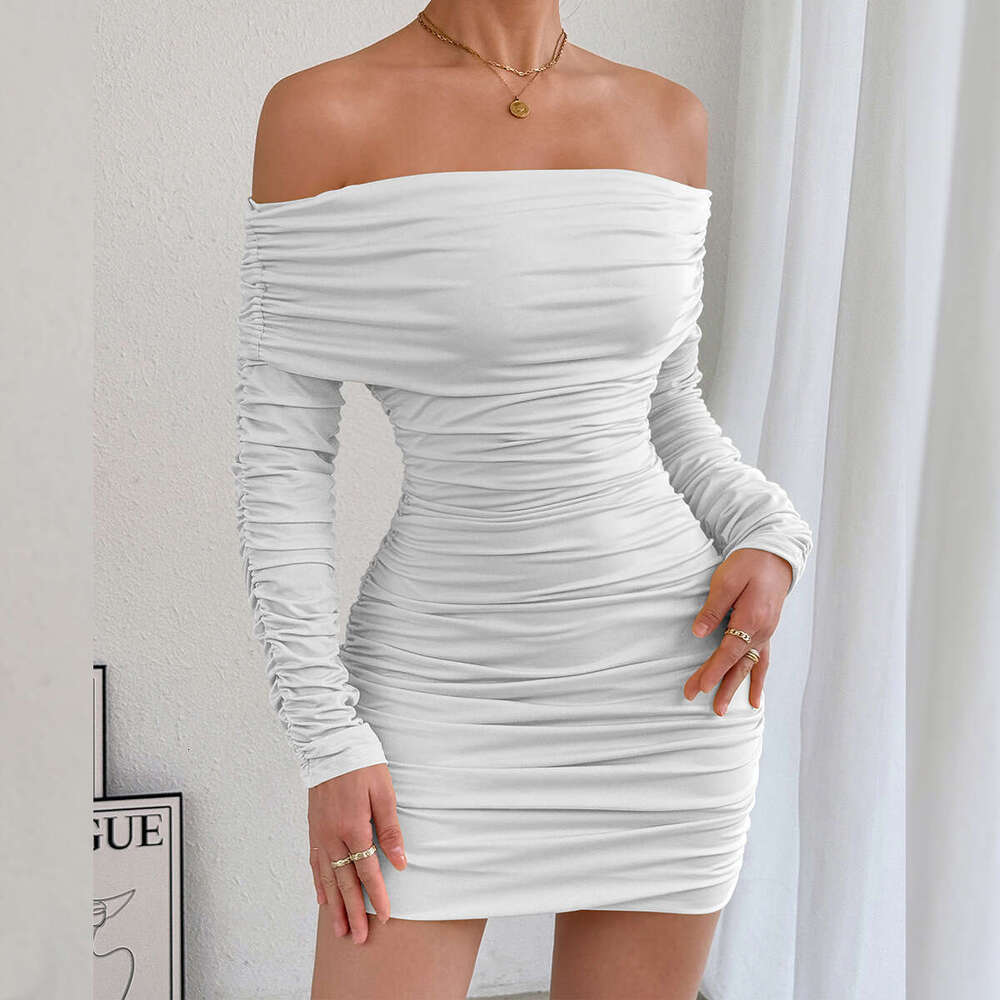 2025 autumn and winter new women's fashion style off shoulder long sleeved pleated slim and sexy dress