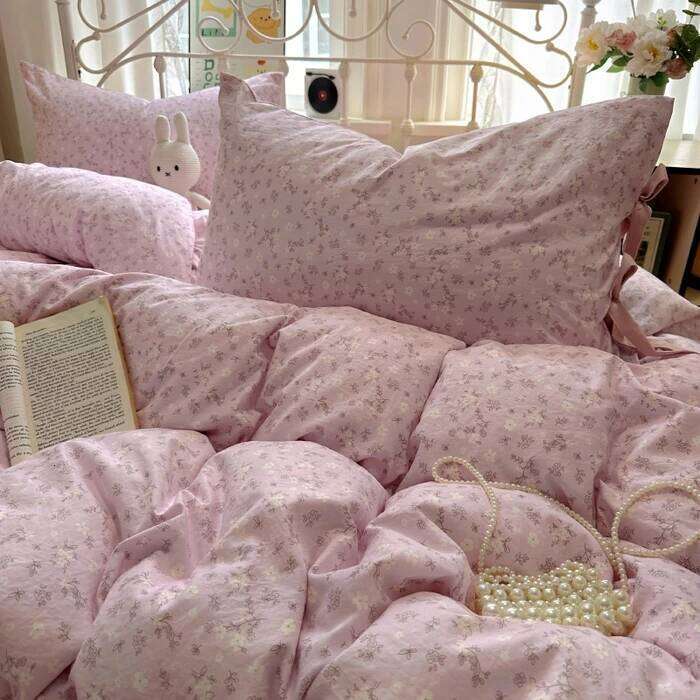 Small flower bow four soft and skin friendly cotton linen double bed duvet set, dormitory three piece set Y260124