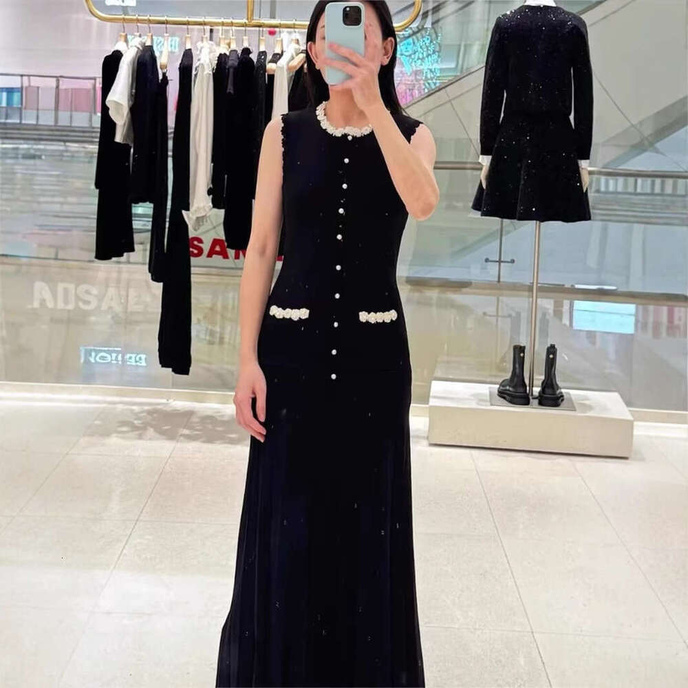 2025 Spring New Elegant Flower Pearl Decorative Color Block Edged Round Neck Women's Sleeveless Dress