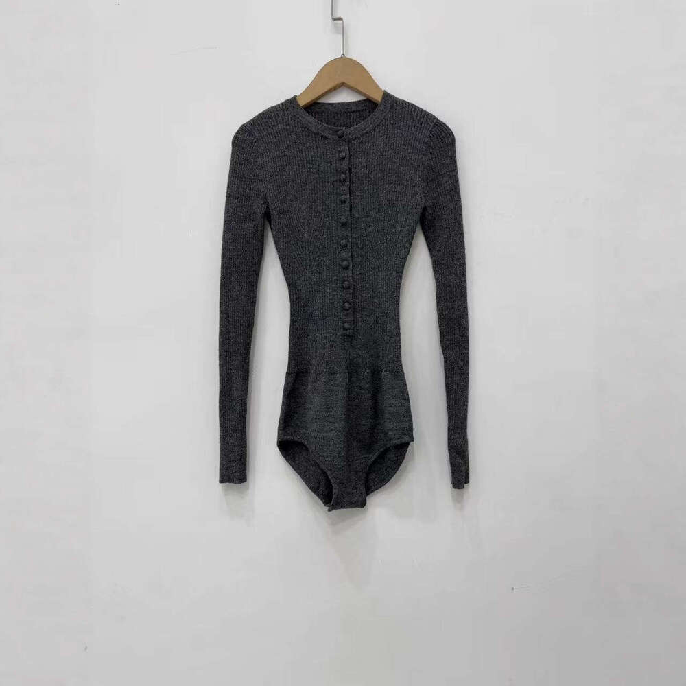 2025 Autumn New French Elegant Designer Dark Grey Ribbed Knitted jumpsuit Top