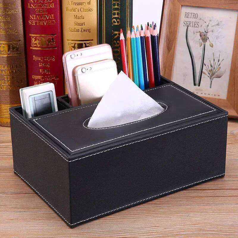 Leather Box Cover Desk Makeup Cosmetic Organizer Remote Controller Phone Holder Home Office Tissue Paper Napkin Holde