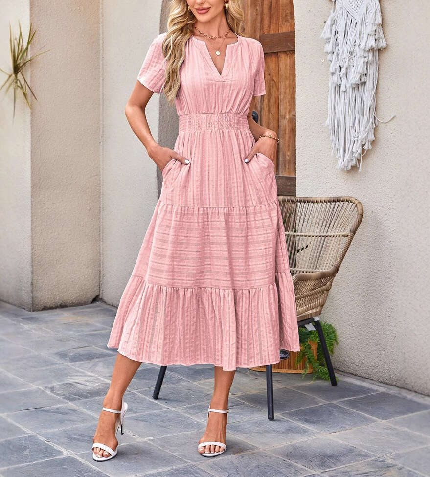 2026 designer European and American women's clothing hot selling V-neck ruffled fluffy flared pants short sleeved dress