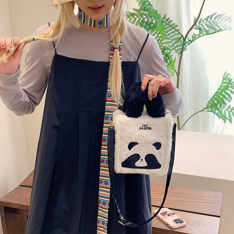 Cute Panda Furry Crossbody For Women Winter New Niche Trendy Plush Korean Style High-Quality Small Square Bag