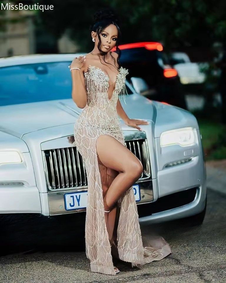 Sparkly V Neck Long Evening Dress For Black Girls Sequined Birthday Dresses Beaded Crystal High Slit Prom Pageant Gowns Customized robe de soiree mari