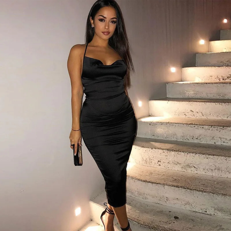 Neon Satin Lace Up Womens Long Midi Dress Light Pink Bodycon Backless Elegant Party Sexy Club Clothes Summer Dinner Outfit 260122