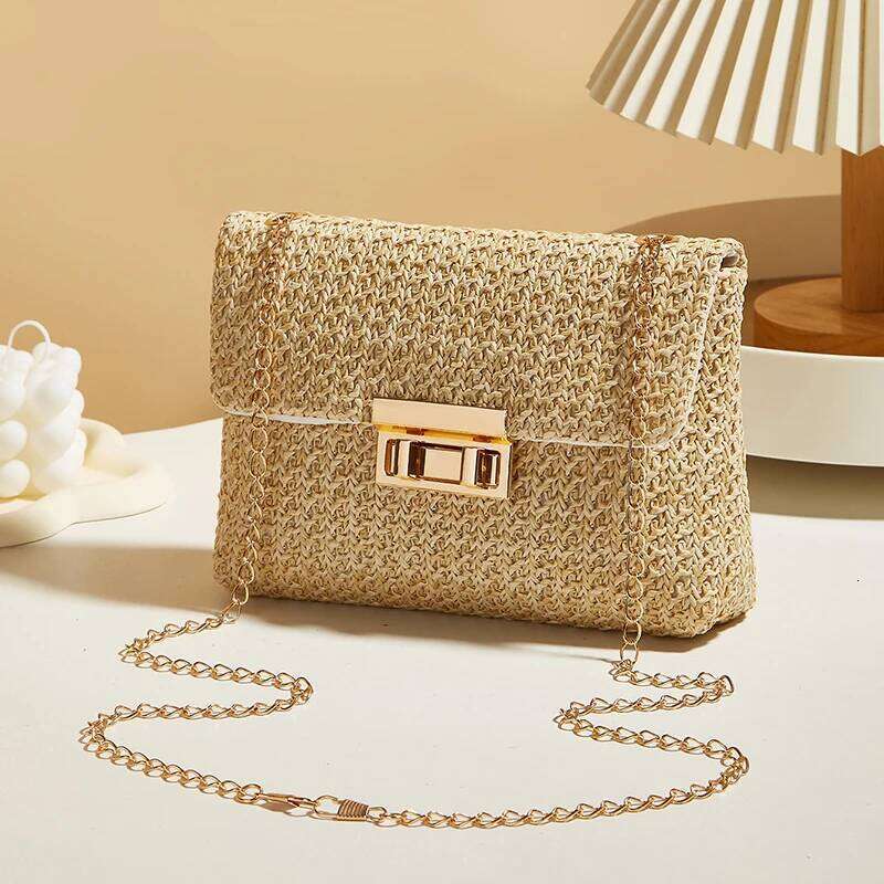 Fashion Straw Chain Shoulder Woven High Capacity Buckle Closure Clutch Handmade Crossbody Bag Women XJ260125