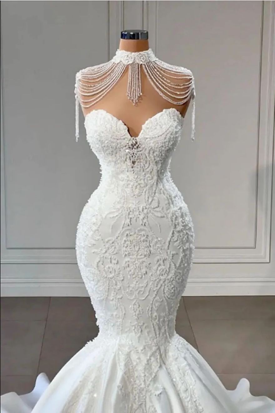Vintage High Neck Mermaid Wedding Dresses Appliqued Lace Sweetheart Bride Gowns vestidos de novia J26