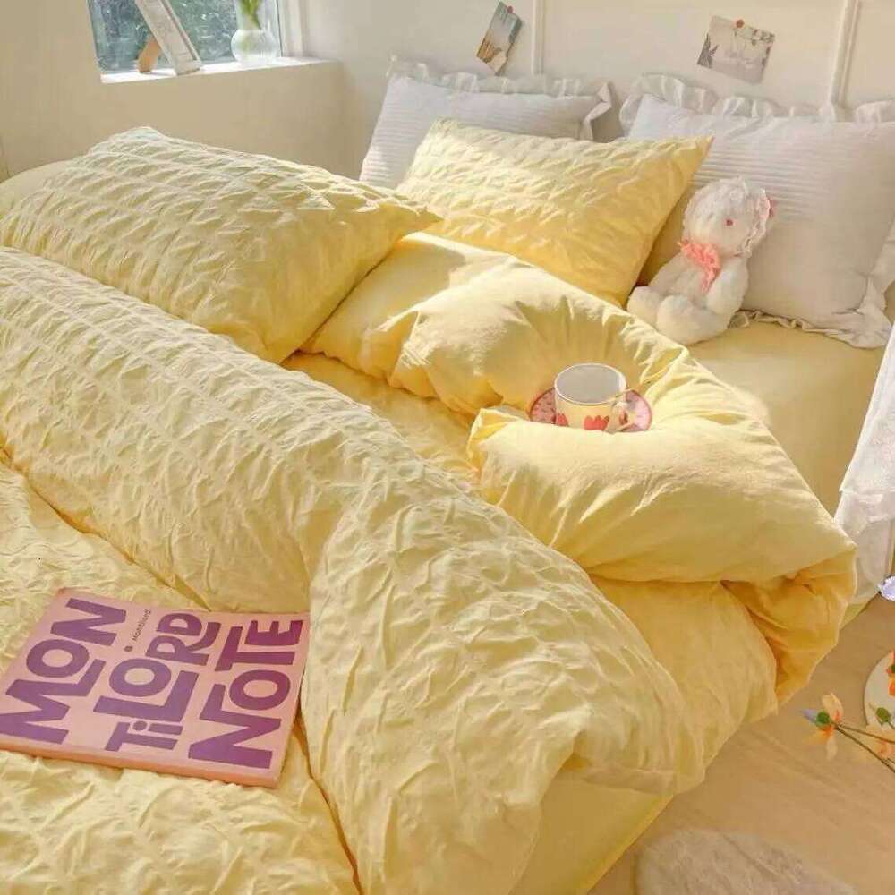 Princess Bedding French Style Wash Cotton Solid Color Seersucker Summer Soft 2024New Bed Sheet Comforter Set Y260124