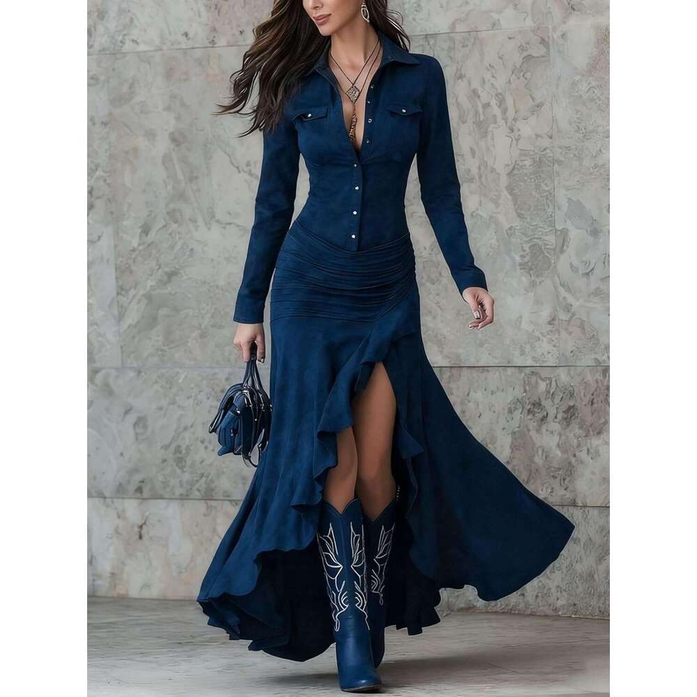 Womens Vintage Western Dresses Button Down V Neck Long Sleeve Maxi Dress Fishtail Hem Boho Suede Dress