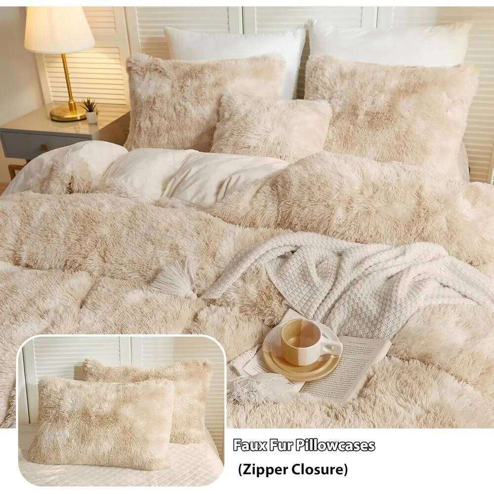 King Size Tie-Dye Plush Faux Fur Duvet Cover Set with 2 Pillowcases, Light Beige Y260124