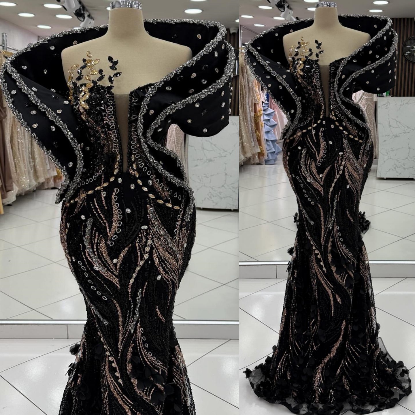 Aso Ebi Black Mermaid Prom Dresses 2026 Flowers Crystals Portrait Sequined Evening Formal Party Second Birthday Engagement Gowns Dress For Special Occ