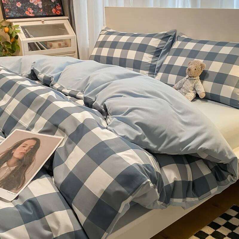 Japanese Style Grid Printed Bedding Washed Cotton Sleeping Naked Quilt Cover Sets Queen/king Size Bed Linens Set Y260124