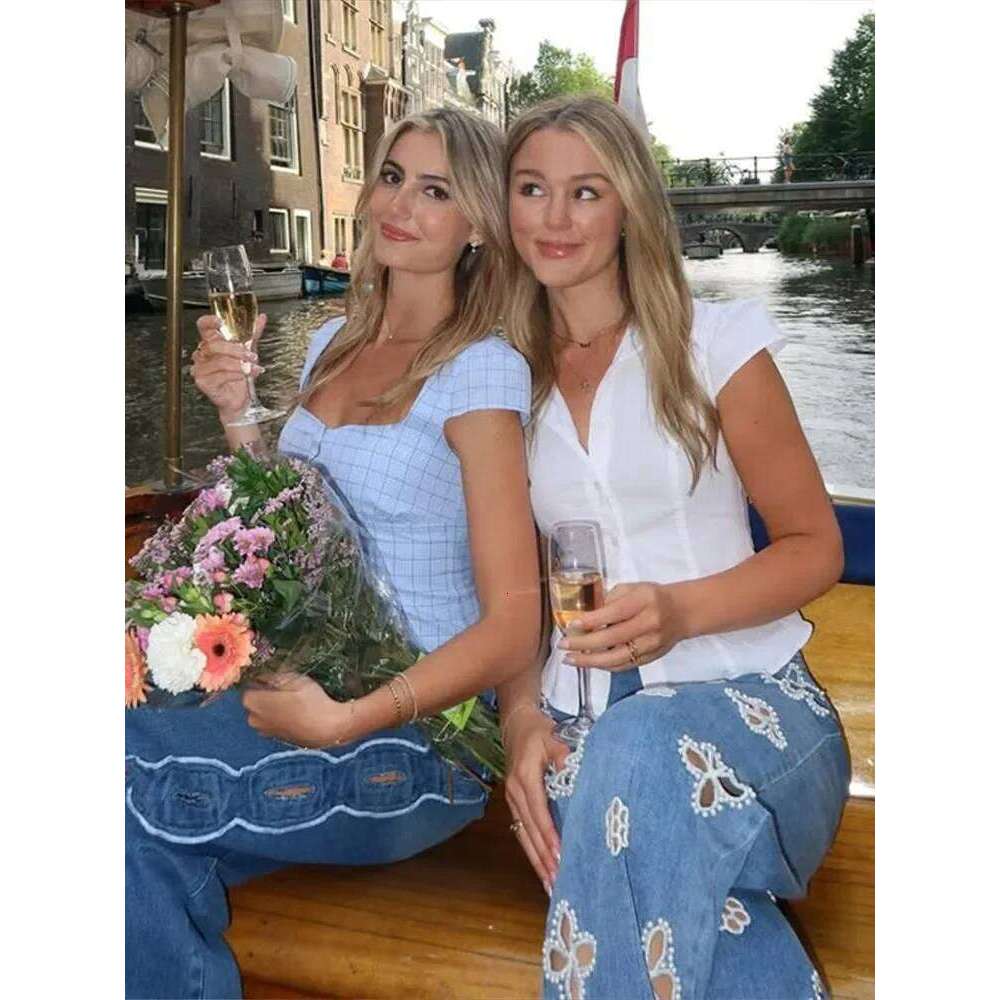 Chic Pearl Flower Cut Out Denim Jeans Pant Women's High Waist Wide Leg Trousers Y2K Style Summer Streetwear Party Casual Pants C260126 - view 4