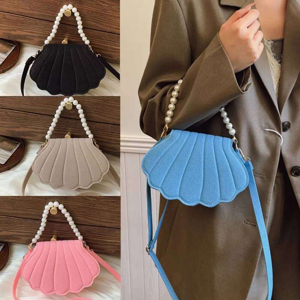 Chic Design Pearl Handheld Women's Shaped Felt Single-shoulder Solid Color Shell Bag for Girls Students XJ260125
