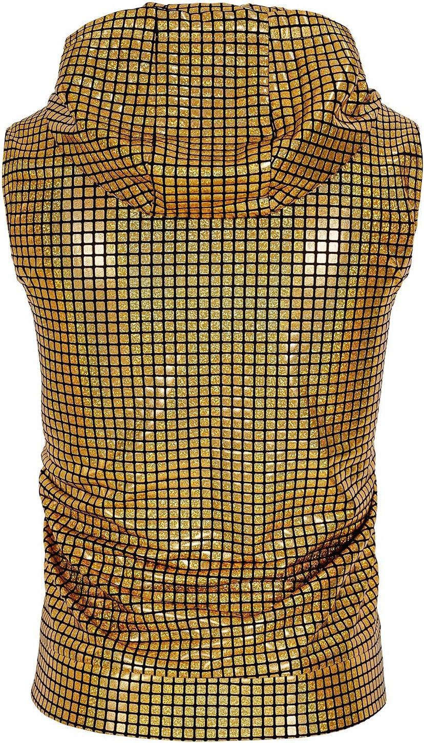 Stage Wear Men's Shiny Sleeveless Hooded Vest Metallic Zipper Shirt With Pockets Party Club Top