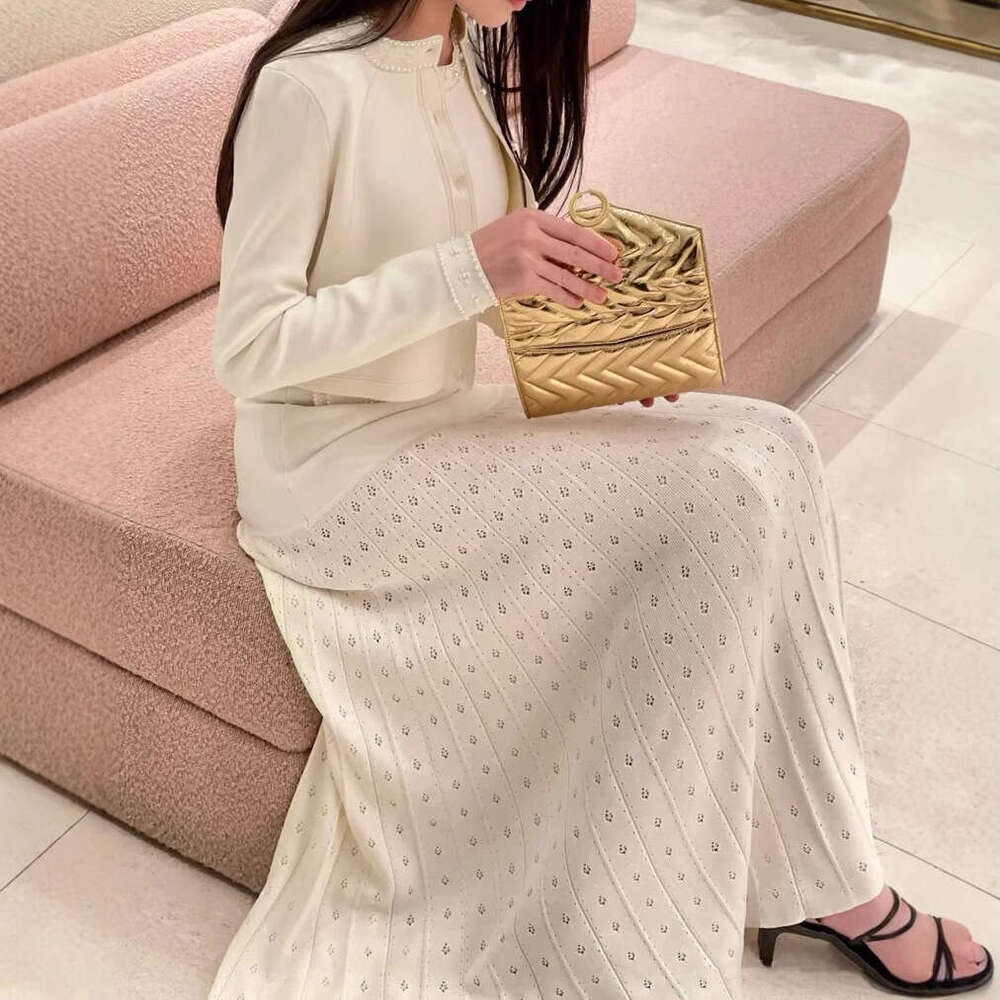 2026 Spring New French style Small Fragrant White Pearl Edge Jacket with Wrinkled Long Knitted Dress for Women