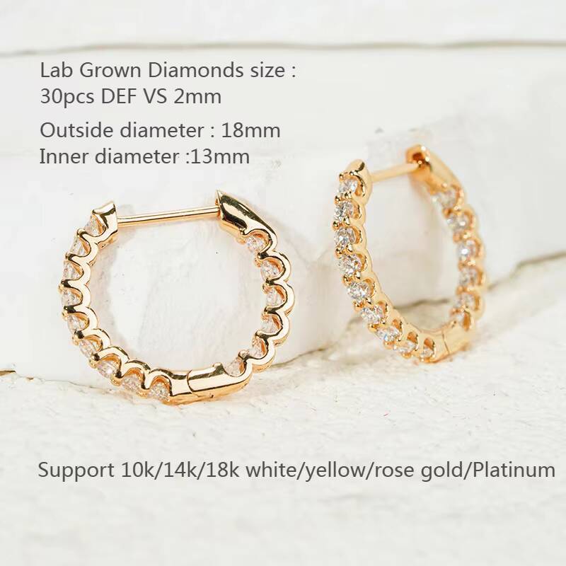 Starsgem 2MM HPHT CVD Loose Lab Diamond Eternity Hoops 10K/14K/18K Solid Gold Earrings DEF VS Lab Grown Diamonds Hoop Earrings