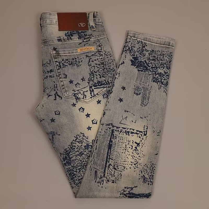 Designer Clothes European And American Trend Slim Fit Printed Jeans Autumn Winter New Retro Light Luxury Straight Casual Fashion Versatile Luxury Brand Long Pan