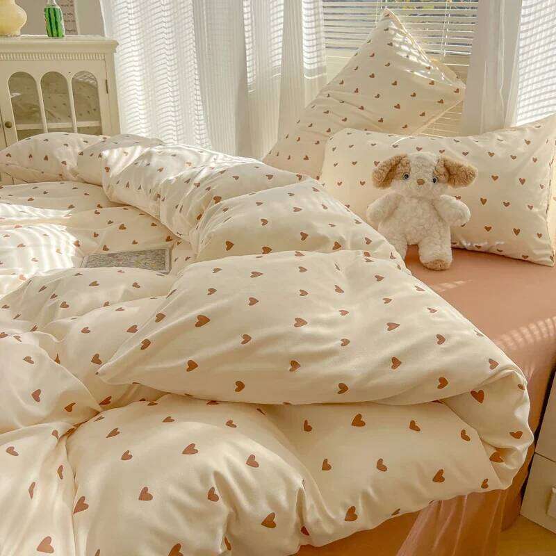 2025 Duvet Double Yarn Four-piece Set Class A Aerobic Knitted Cotton Printed Love Bed Cover Skin Friendly Breathable Bedding Y260124