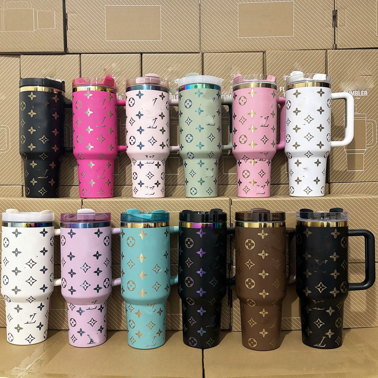 Designer 40oz Water Bottle Stainless Steel Car Cup with Handle Lid and Straw Insulated Cup Coffee Mug Valentine's Day Gift Birthday Gift With Logo