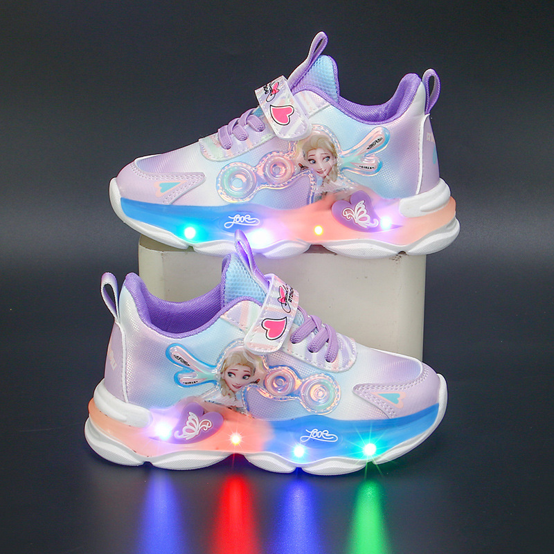 Girls' Casual Shoes Led Lights Mesh Breathable Children's Sports Princess Elsa Pink Purple Shoes Sneakers Size 22-35