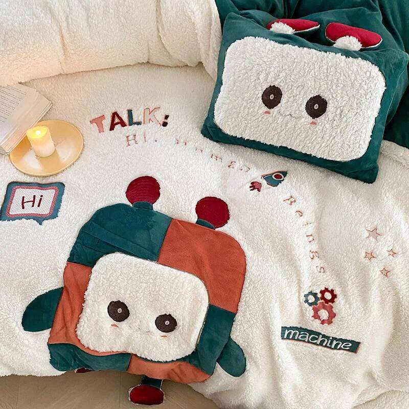 Winter Cartoon Cute Style Double-sided Buvet Thickened Lamb Fleece Four Piece Set Coral fleece Duvet Cover Plush Bedding Y260124