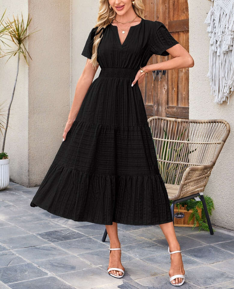 2026 designer European and American women's clothing hot selling V-neck ruffled fluffy flared pants short sleeved dress