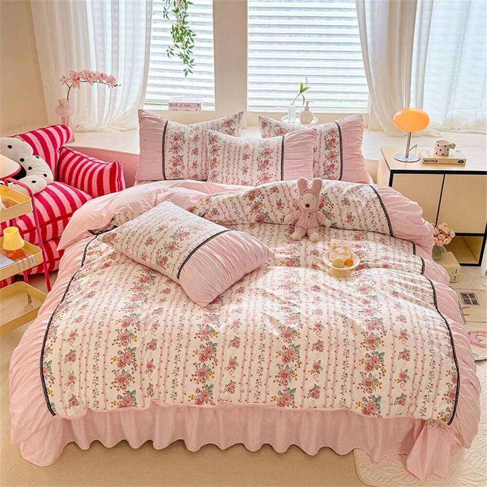 Korean Bedding Comforter Washed Cotton Four-Piece Princess Printed Soft Bed Linen Duvet Set Floral Quilt Cover Y260124