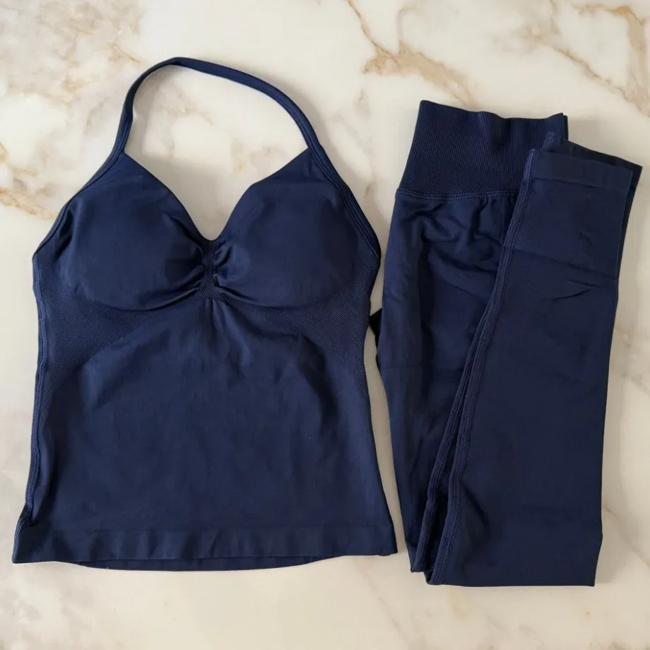 US Stock 2pcs Gym Set Women Padded Tank Tops Longline High Waist Scrunch Seamless Yoga Leggings Fitness Clothes Workout Sets Suit Activewear Tracksuit