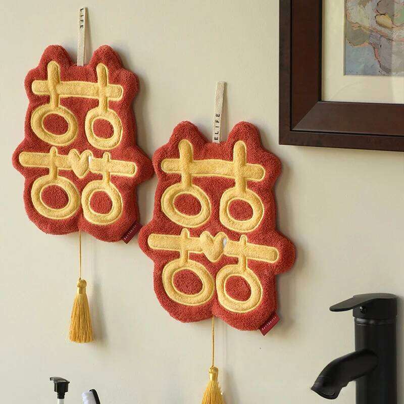 New Year Coral Fleece Chinese Wedding Red Hanging Bathroom Wash Hand Towel Super Soft Absorbent Handkerchief