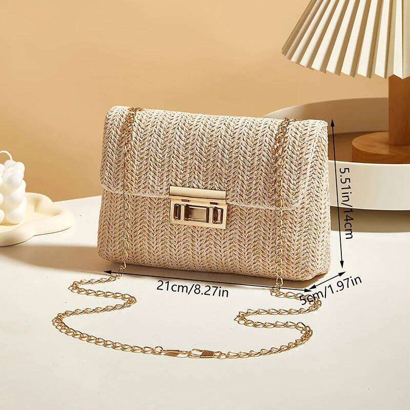 Fashion Straw Chain Shoulder Woven High Capacity Buckle Closure Clutch Handmade Crossbody Bag Women XJ260125