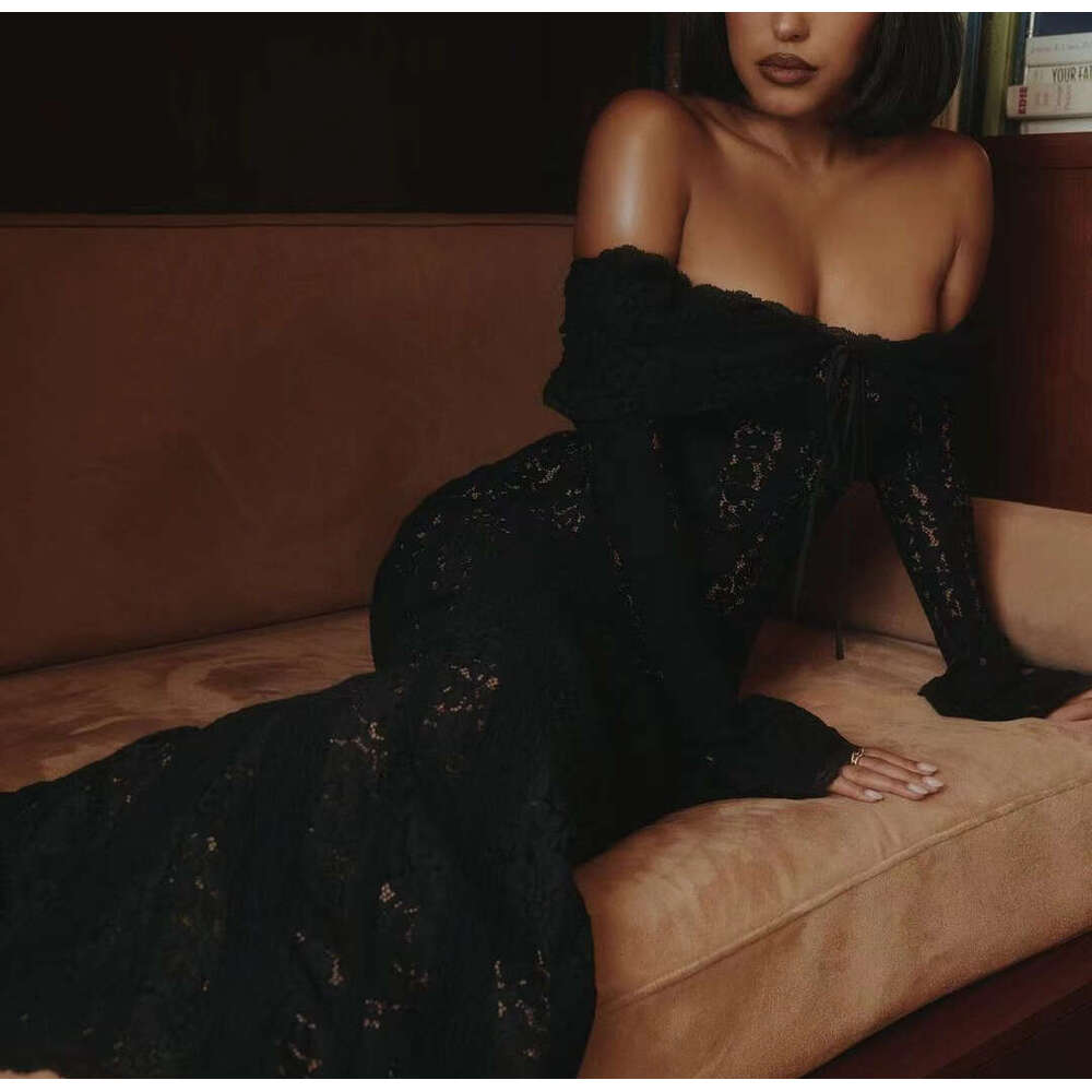 2026 designer autumn off shoulder flared sleeves slim fit elegant temperament strapless waist cinched long skirt