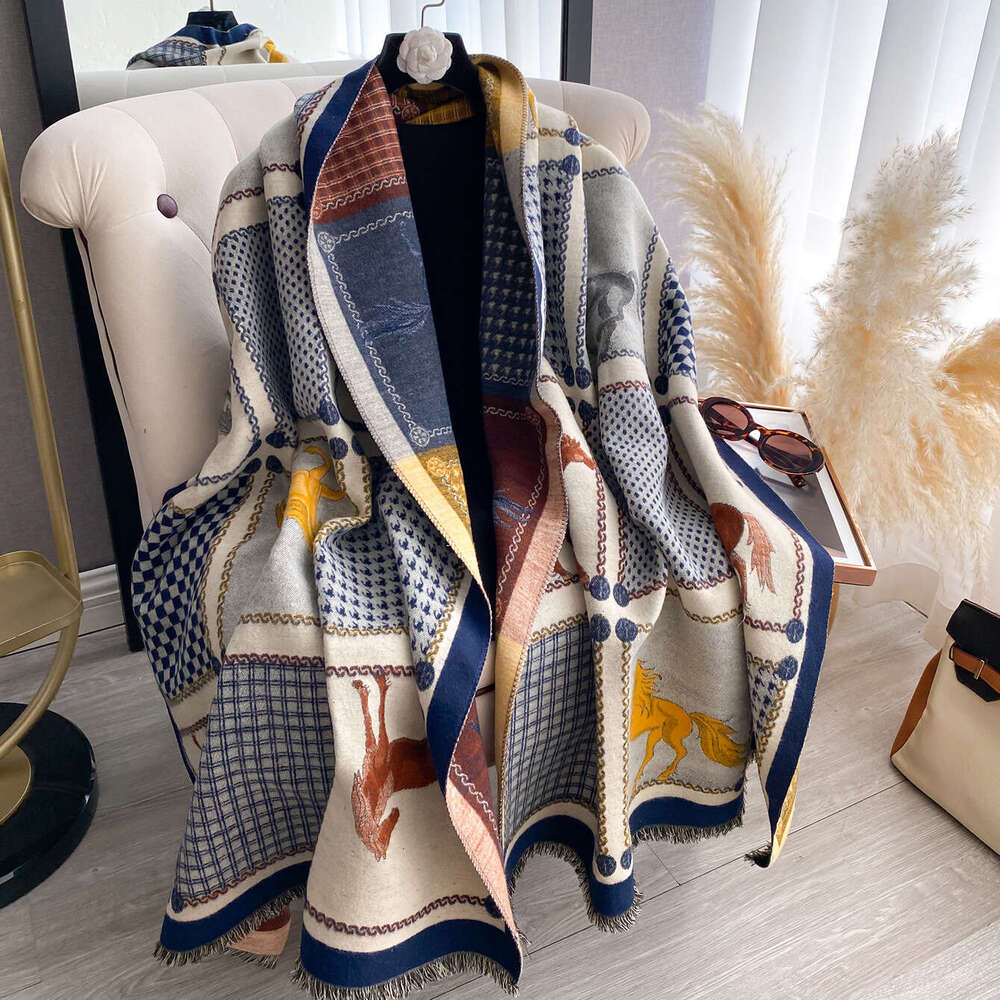 Vintage Horse Pattern Printed Fashion Imitation Cashmere Scarf Dual-use Double-sided Thickened Elegant Air-conditioning Shawl
