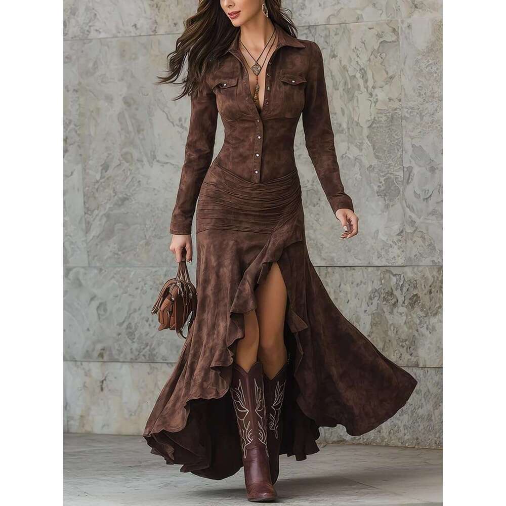 Womens Vintage Western Dresses Button Down V Neck Long Sleeve Maxi Dress Fishtail Hem Boho Suede Dress
