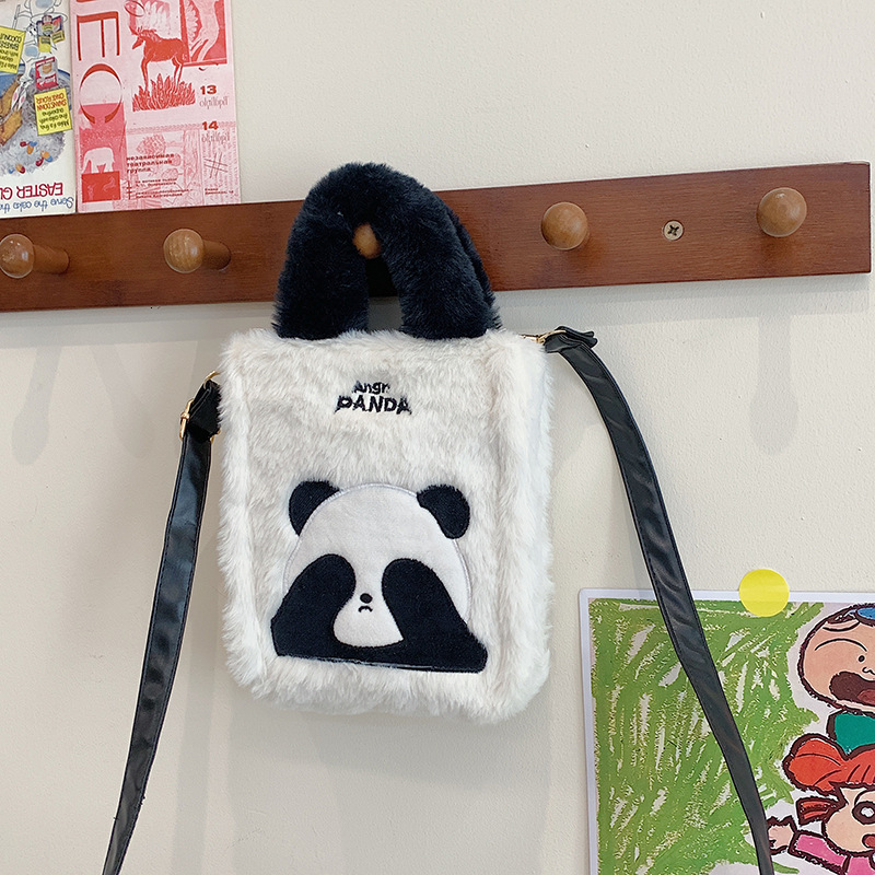 Cute Panda Furry Crossbody For Women Winter New Niche Trendy Plush Korean Style High-Quality Small Square Bag