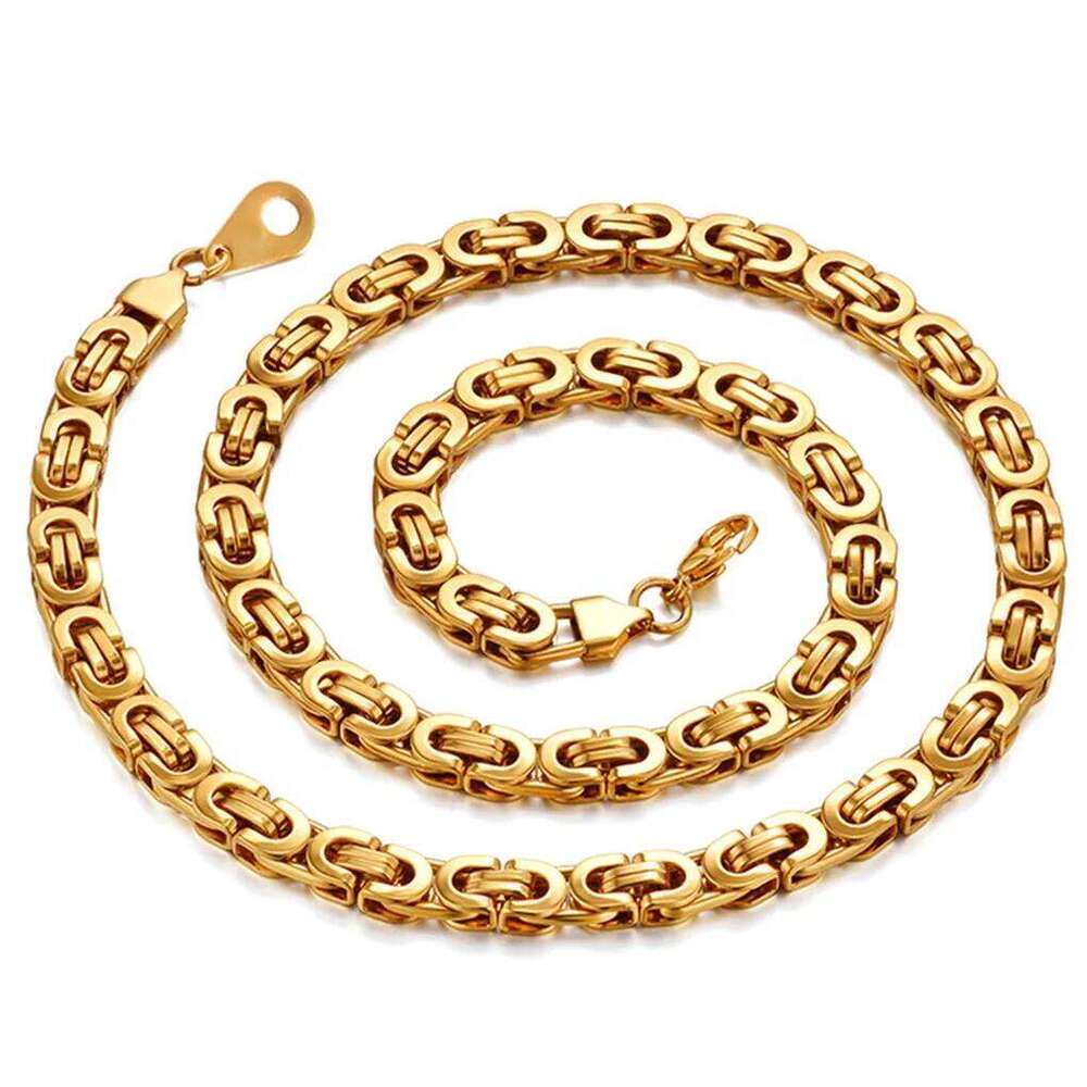 Dropshiping Male Punk 316L Stainless Steel Flat Byzantine Chain 8mm Gold Color Chunky Heavy Necklaces For Men Jewelry 2023 26H0126